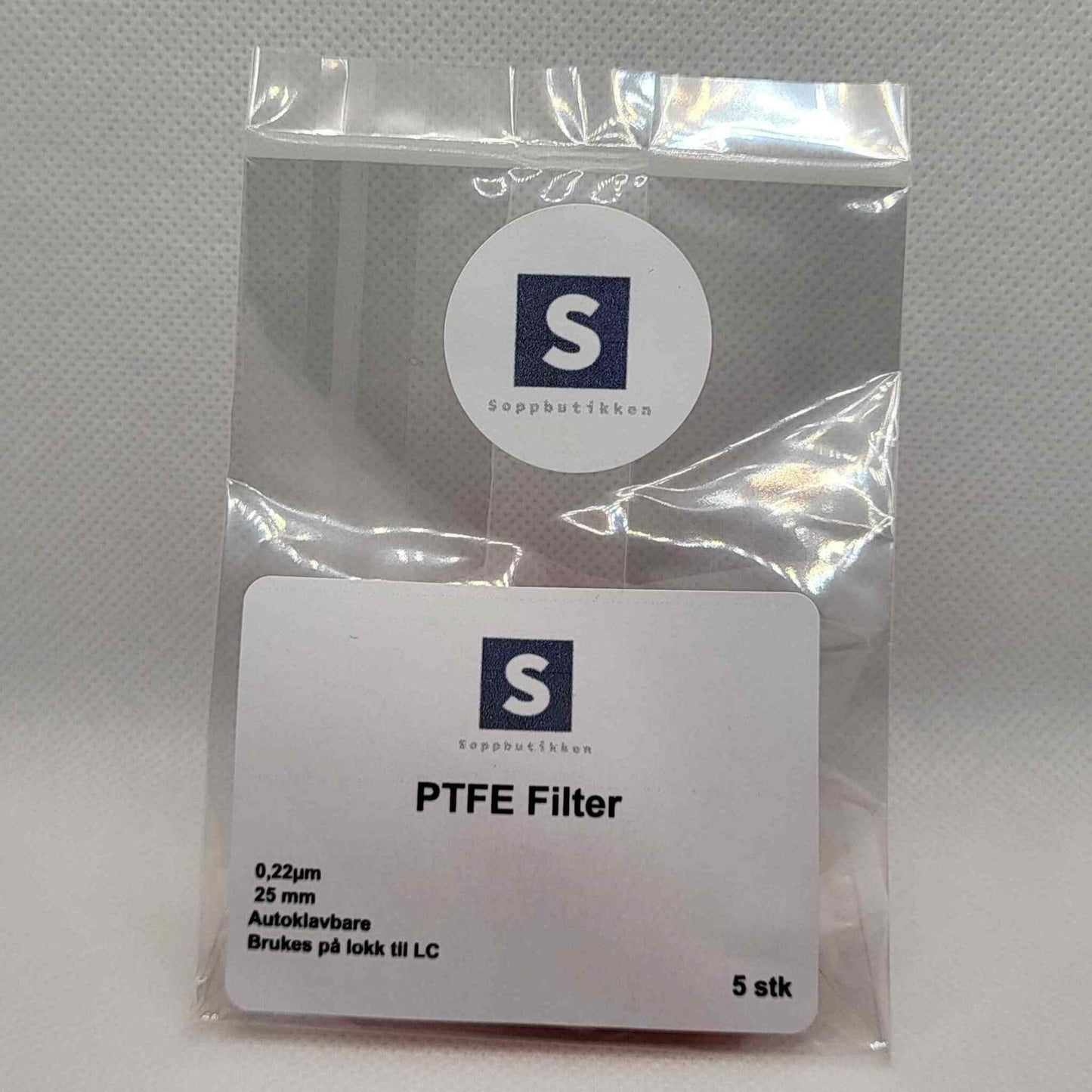 Pakken inneholder 5 stk 25mm PTFE filter. Autoklavbare.