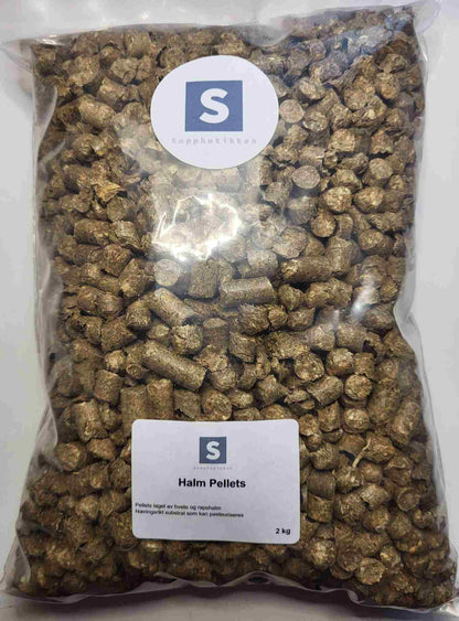 Pellets av halm er laget av hvete- eller rapshalm. 